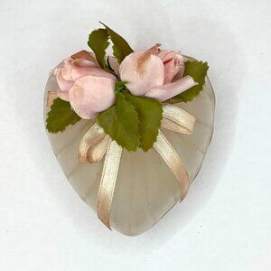 Vintage Pastel Pink Heart Shaped Art Glass Candle And Holder with Floral Lid